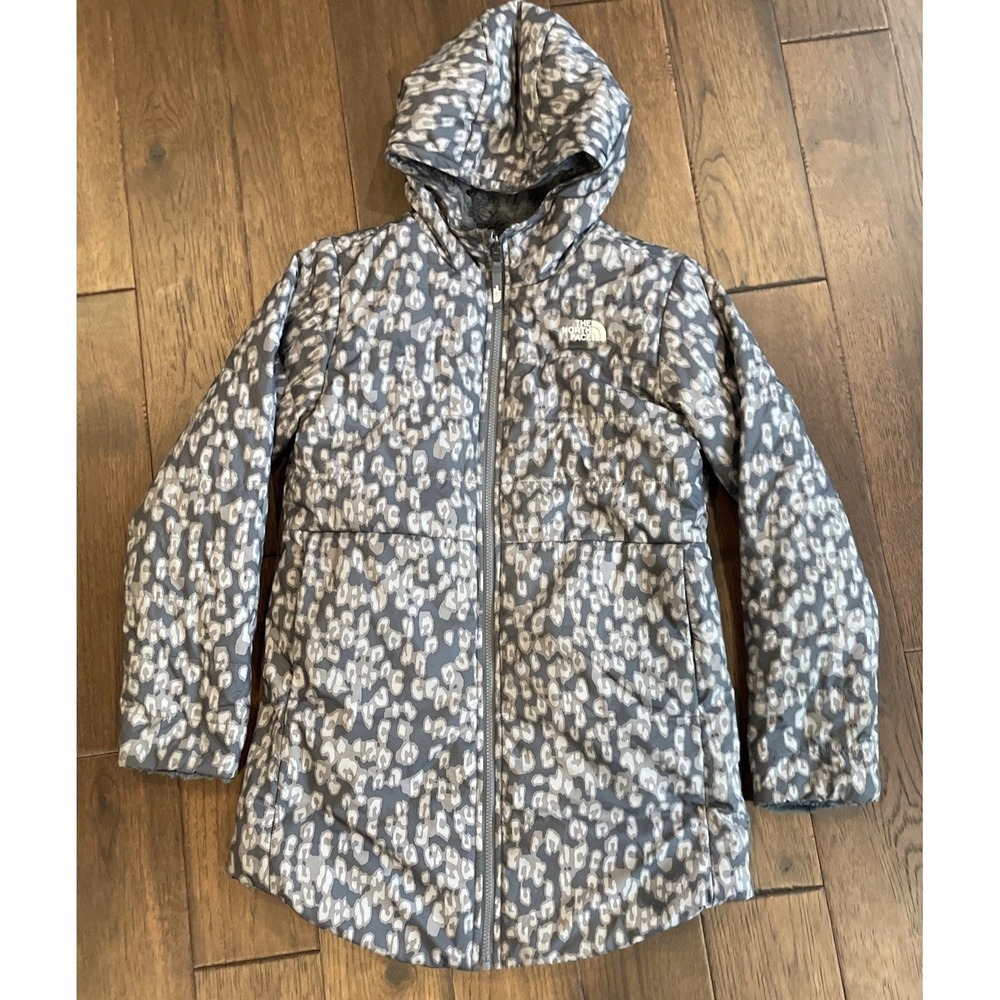 Girls North Face Mossbud Swirl Hood Leopard Coat Grey XL (18) Reversible